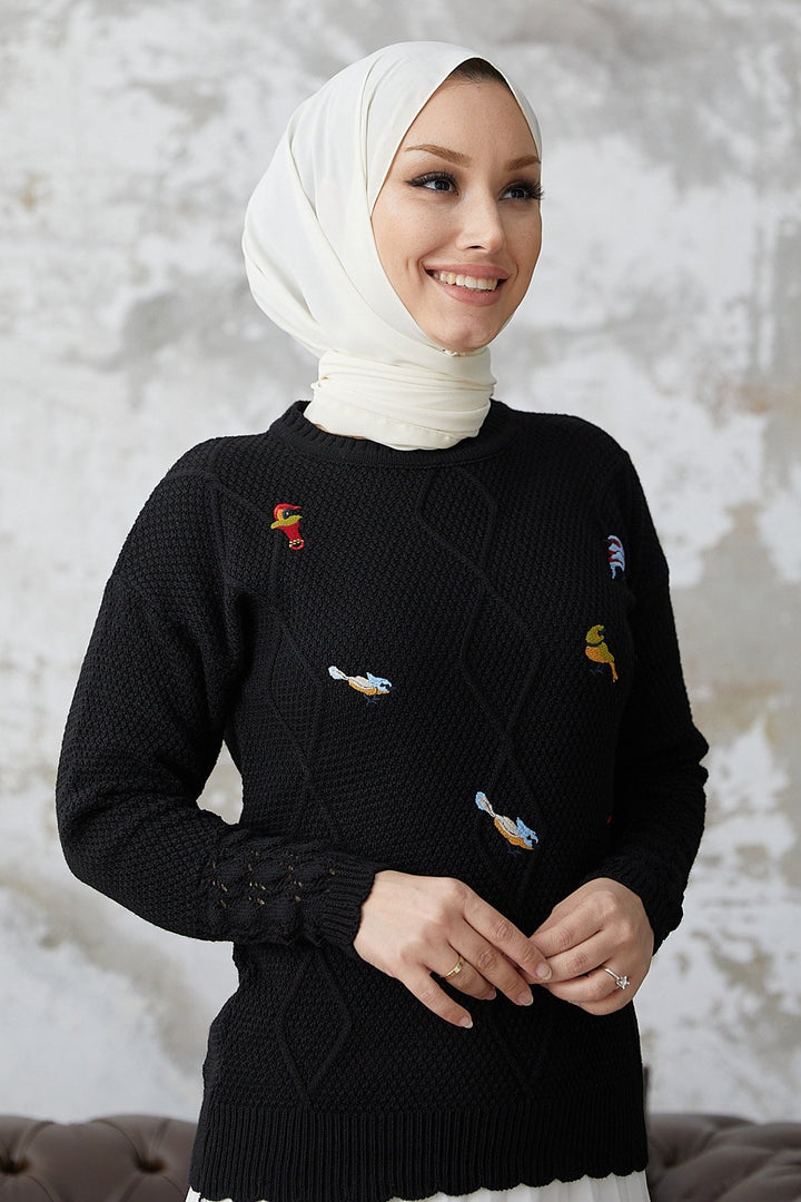 MDS Women Minsa Bird Patterned Knitted Sweater - Black - North Las Vegas