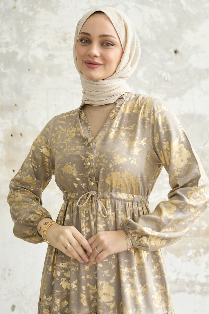 MDS Women Gold Leaf Patterned Dress - Beige - Berwyn