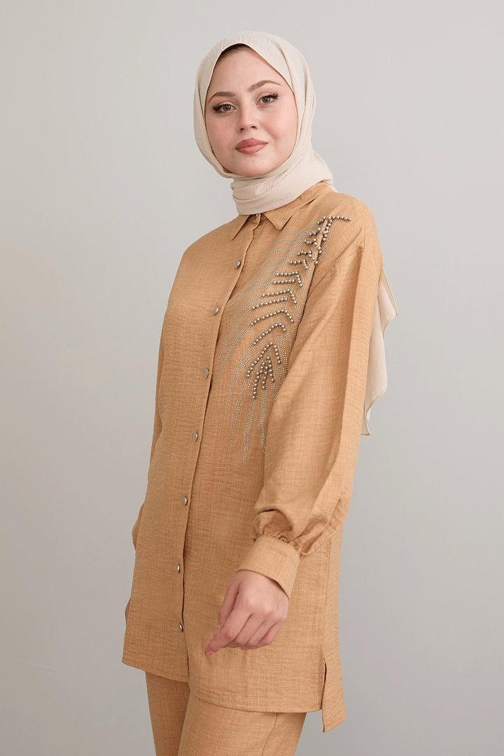 MDS Women Leaf Stone Processing Camel Linen Set - Enterprise