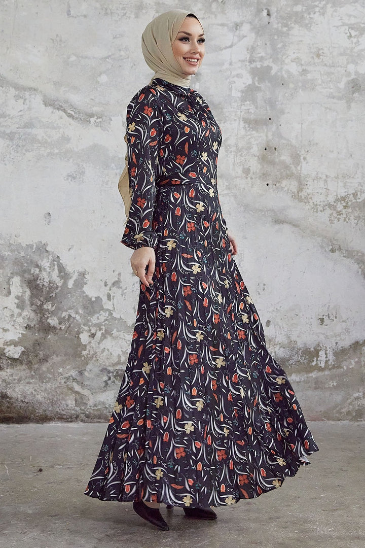 MDS Women Seba Flower Patterned Satin Dress with Ruffle - Black - New Plymouth