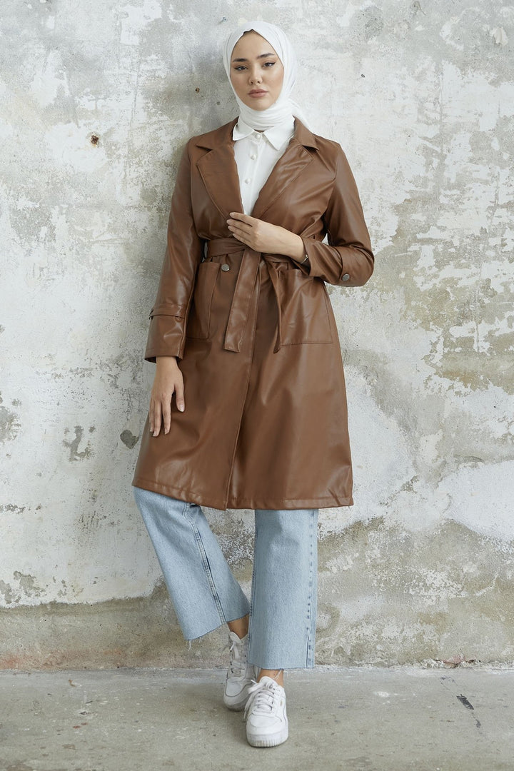 MDS Women Darina Belted Leather Trench Coat - Tan - Trieste