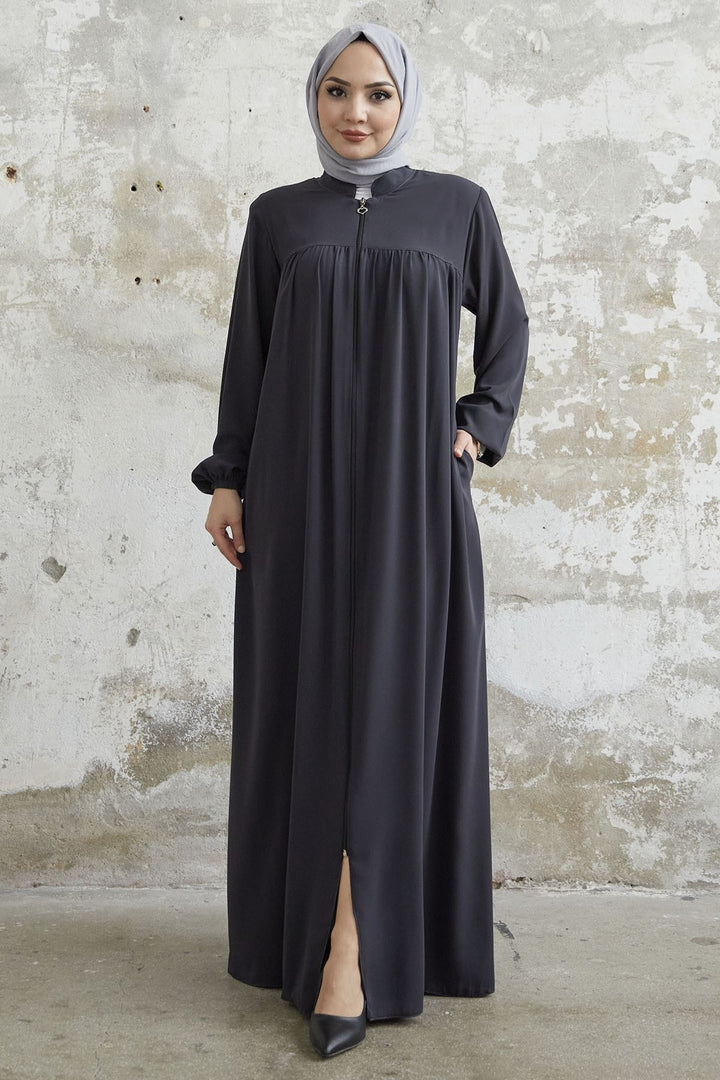 MDS Women Pleated Medina Silk Abaya - Anthracite - Caen
