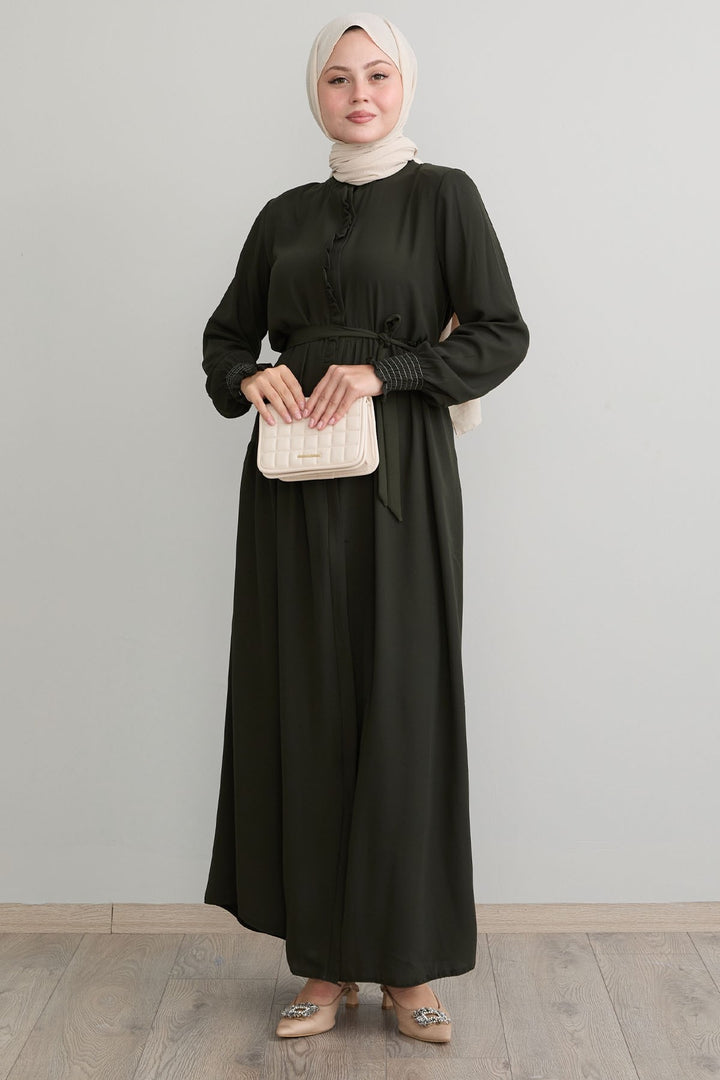 MDS Women Ruffle Detailed Asymmetric Cut Khaki Abaya - Perote