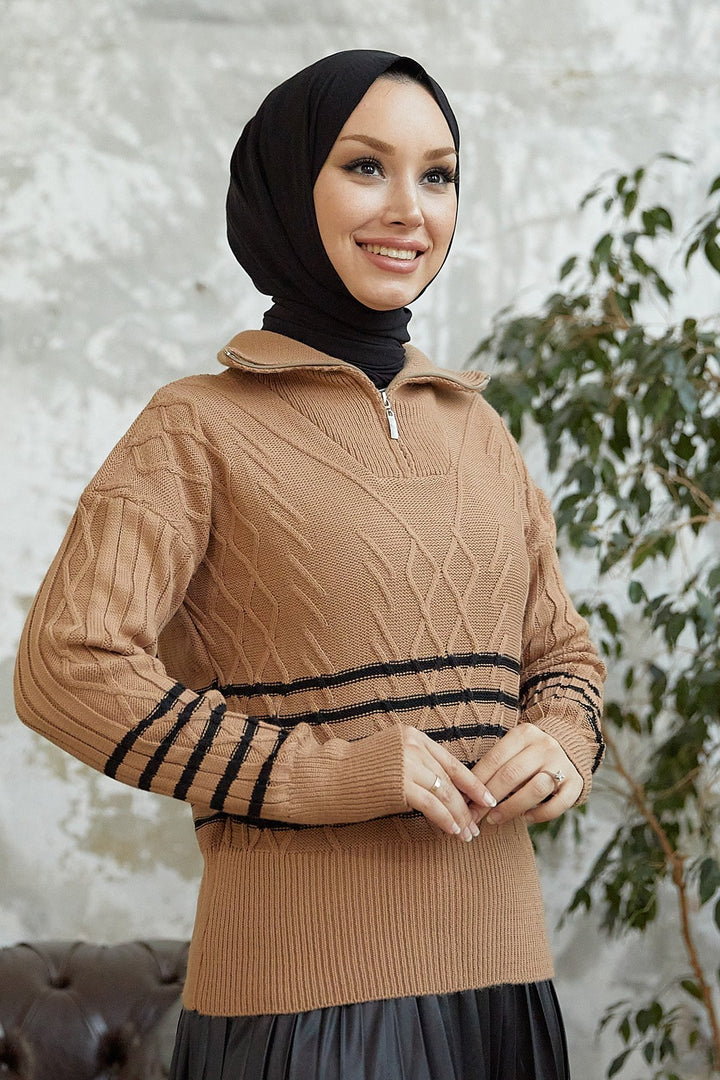 MDS Women Sova Neck Zippered Striped Knit Sweater - Camel - Bridlington