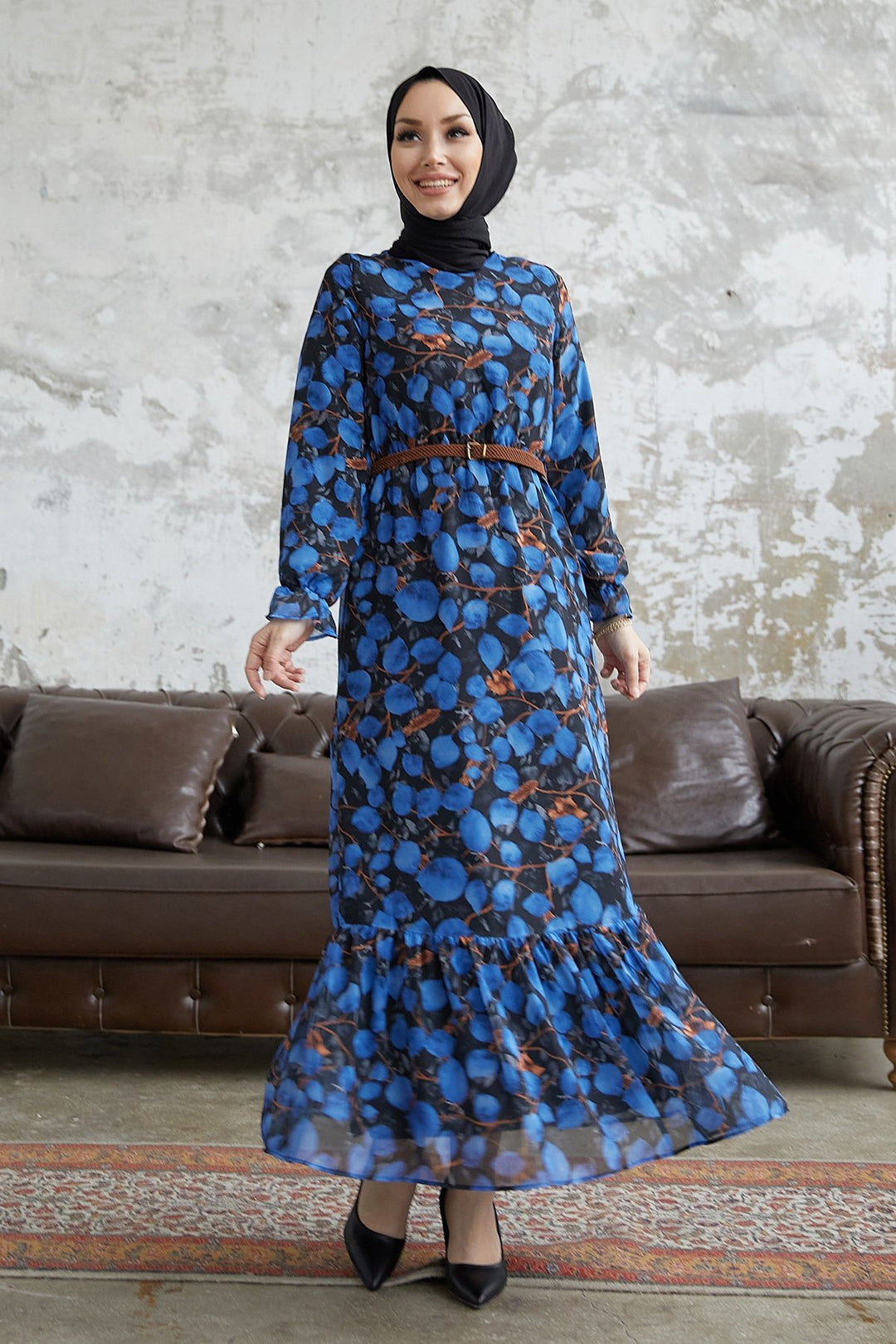 MDS Women Droplet Patterned Belted Chiffon Dress - Blue - El Dorado