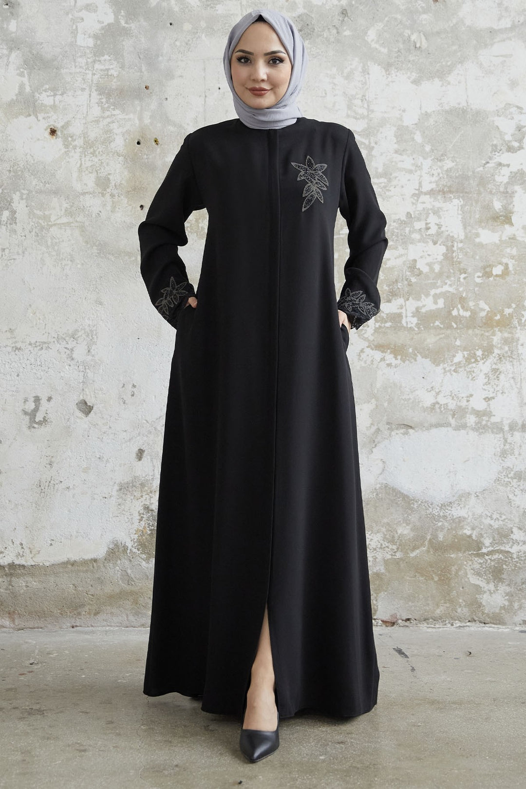 MDS Women Sleeve Flower Stone Abaya - Black - Catford