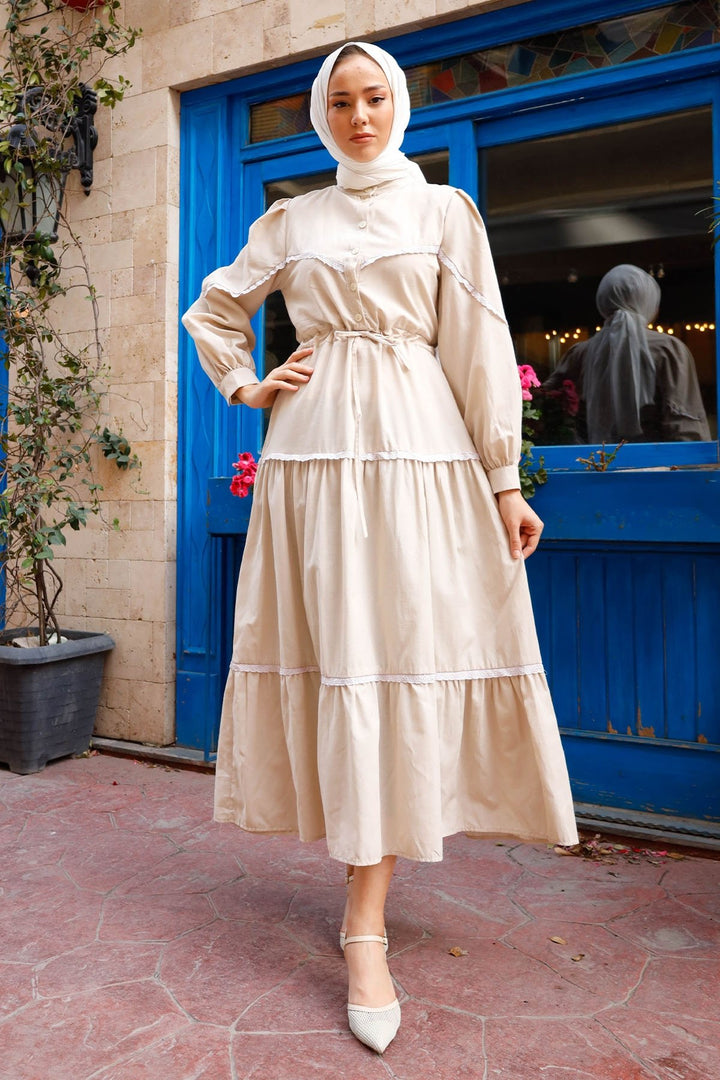 MDS Women Guipure Detail Balloon Sleeve Dress - Stone - Collegno