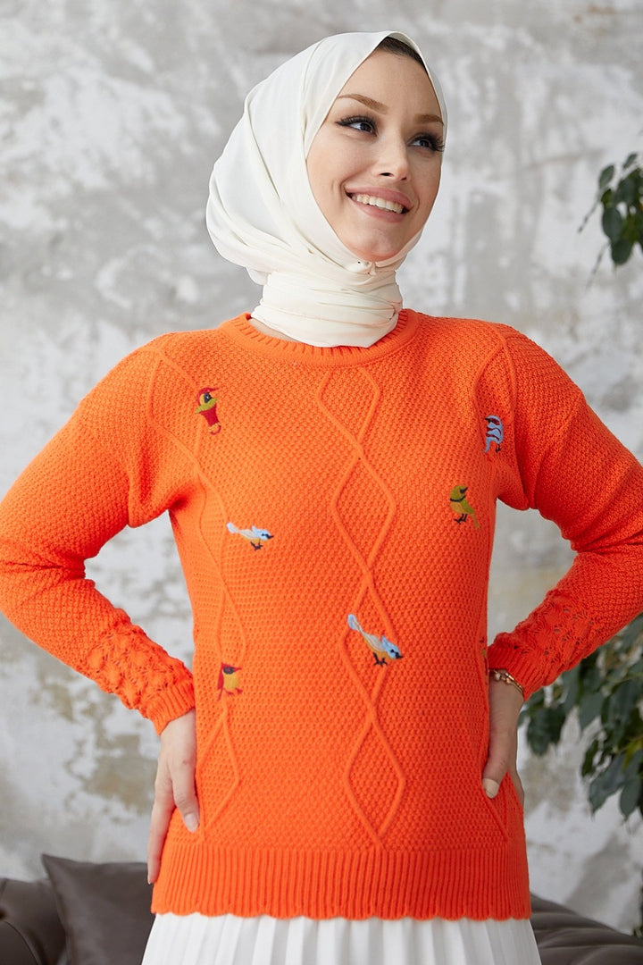 MDS Women Minsa Bird Patterned Knitted Sweater - Orange - Ahlen