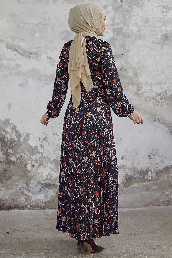 MDS Women Seba Flower Patterned Satin Dress with Ruffle - Black - New Plymouth