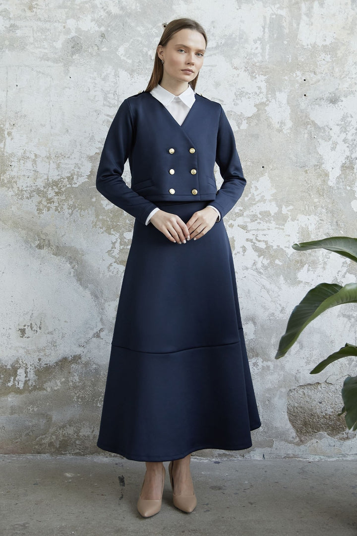 MDS Women Skirted Buttoned Jacket Scuba Suit - Navy - San Rafael