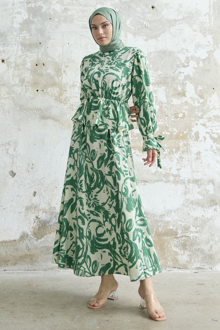 MDS Women Sleeve Tied Patterned Skirt Suit - Green - Houghton le Spring