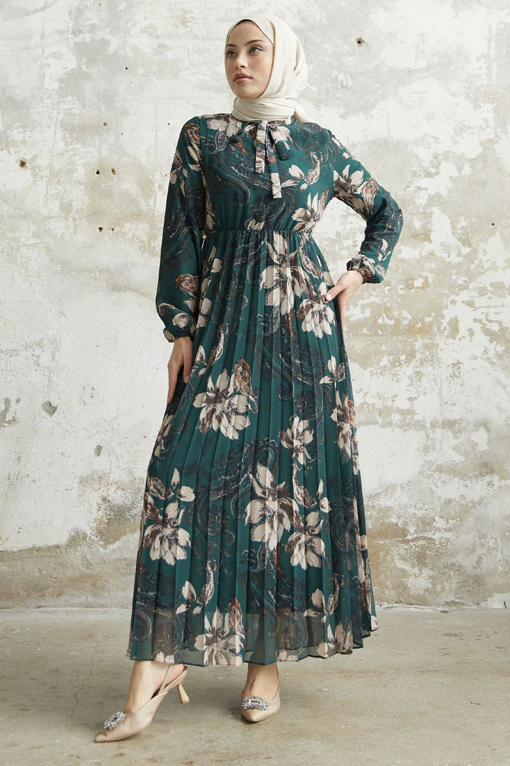 MDS Women Serena Flower Pattern Pleated Chiffon Dress - Green - Saint-Maur-des-Fossés
