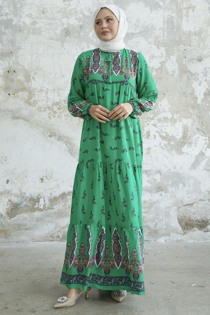 MDS Women Viscose Dress with Tied Collar Pattern - Green - Wiener Neustadt