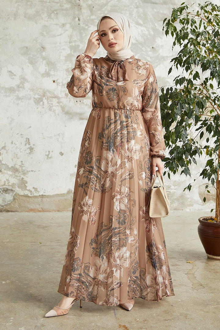 MDS Women Serena Flower Patterned Pleated Chiffon Dress - Brown - Ancona