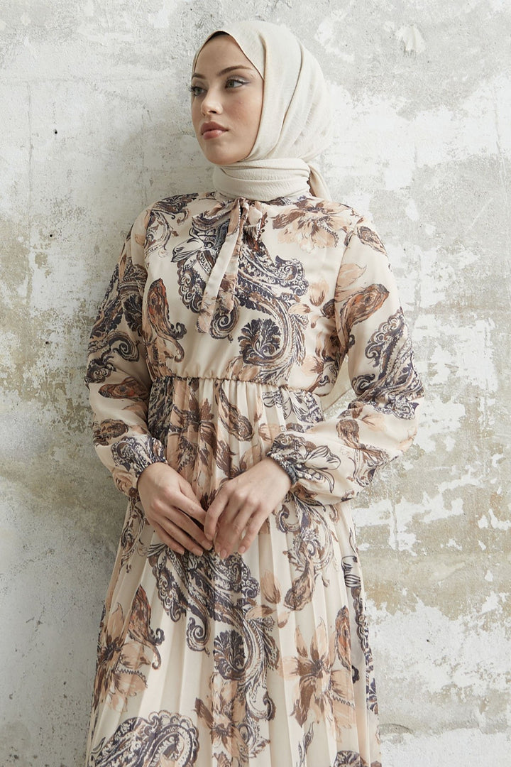 MDS Women Serena Flower Patterned Pleated Chiffon Dress - Ecru - Somerville