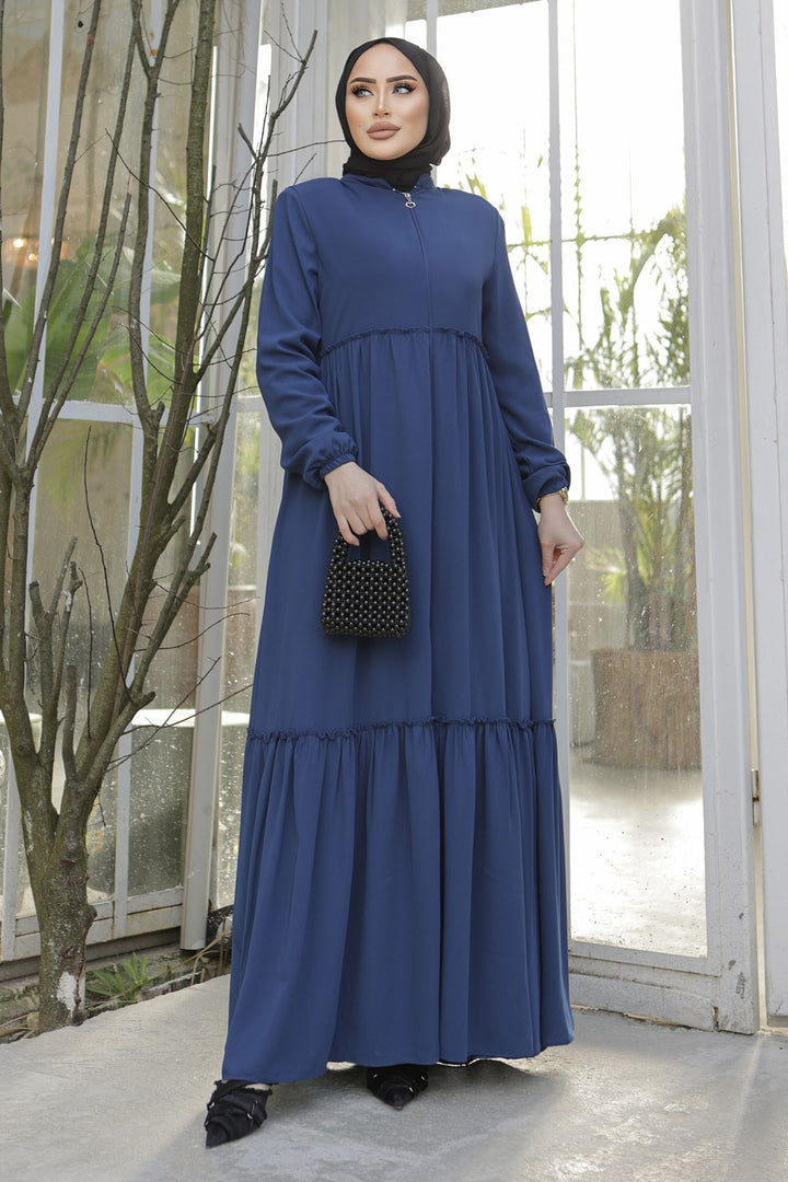 MDS Women Pleated Detail Zippered Abaya - Indigo - West Seneca