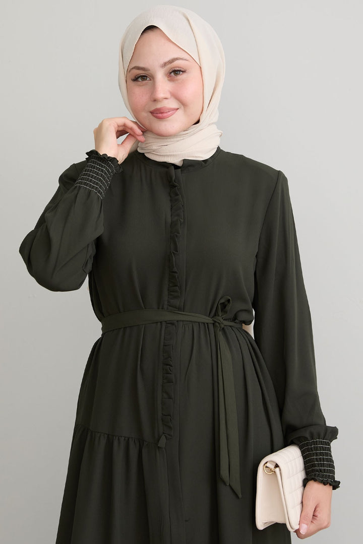 MDS Women Ruffle Detailed Asymmetric Cut Khaki Abaya - Perote
