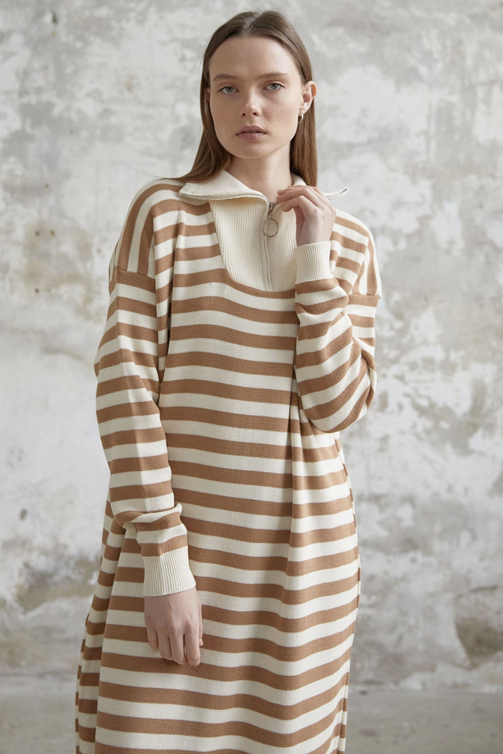 MDS Women Striped Knit Dress with Zippered Neck - Camel - Tournai