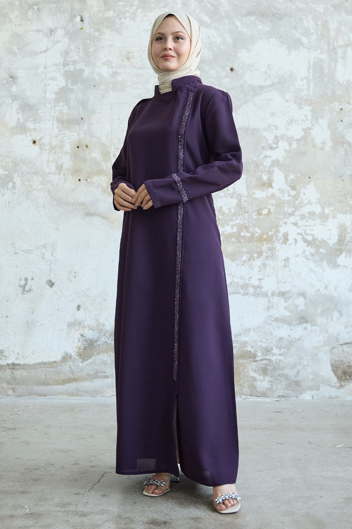 MDS Women Purple Abaya with Stone-embellished Collar and Front Scarf - New York