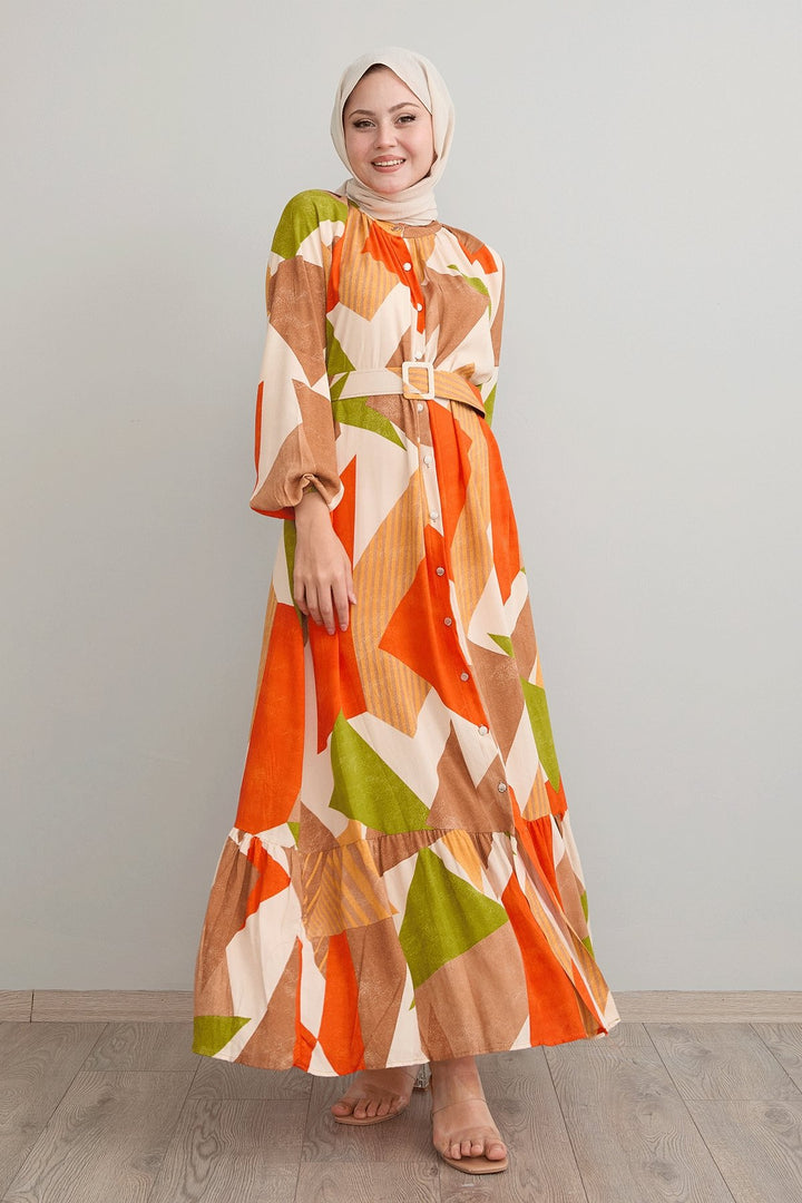 MDS Women Geometric Patterned Belted Orange Viscose Dress - Heroica Matamoros