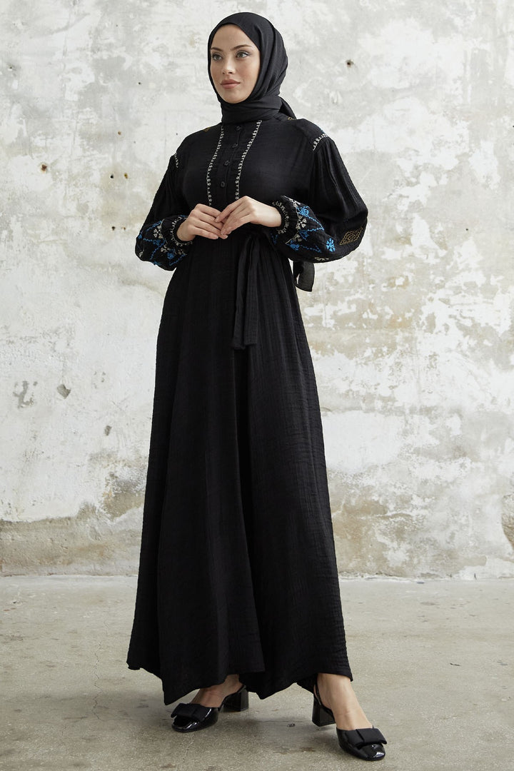 MDS Women Waffle Dress with Embroidered Sleeve - Black - Golden Glades