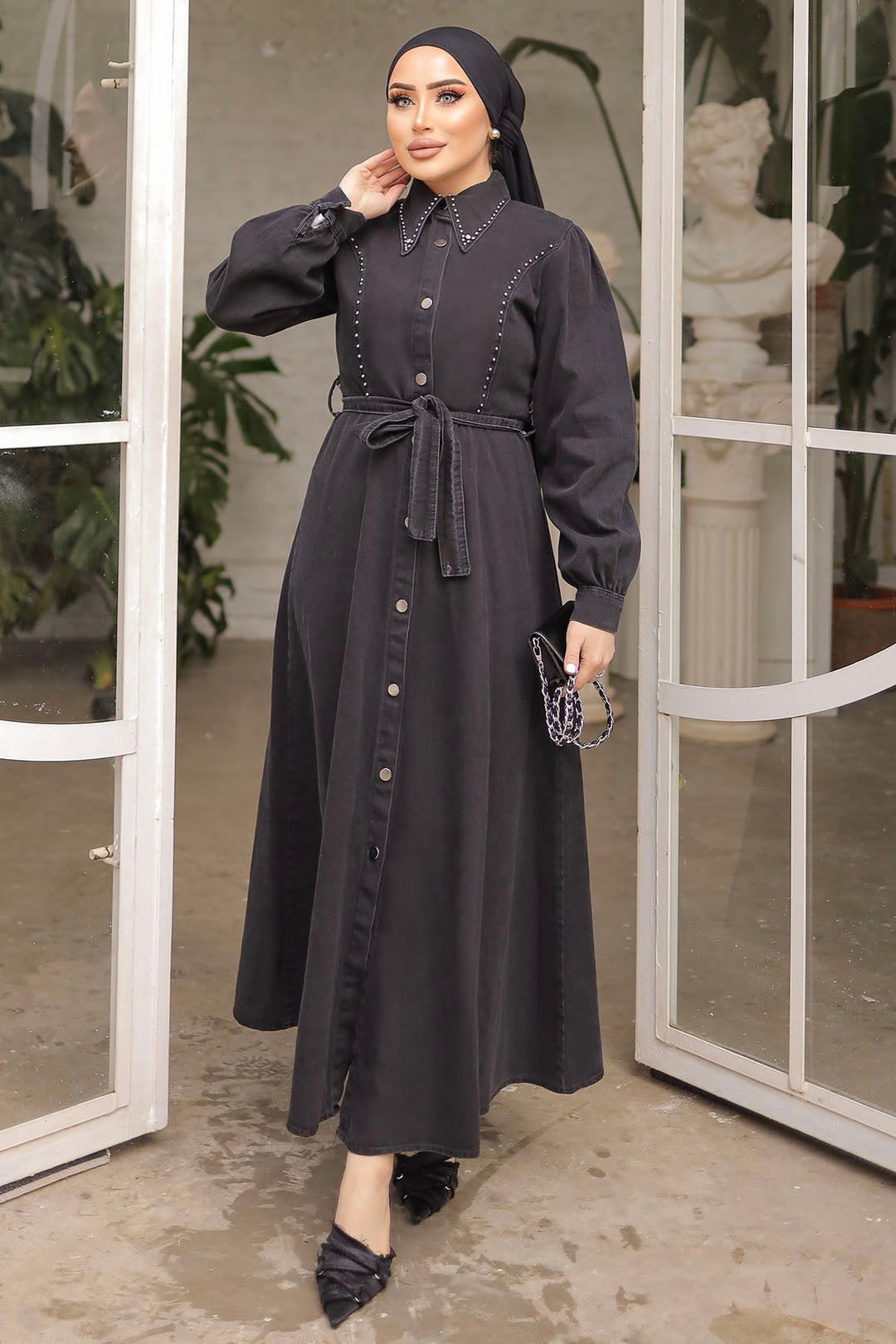 MDS Women Bead-Detailed Belted Denim Dress - Black - St. Charles