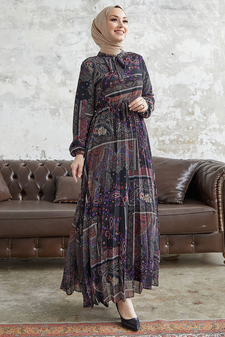 MDS Women Viera Shawl Patterned Collar Belted Chiffon Dress - Black - Vigevano
