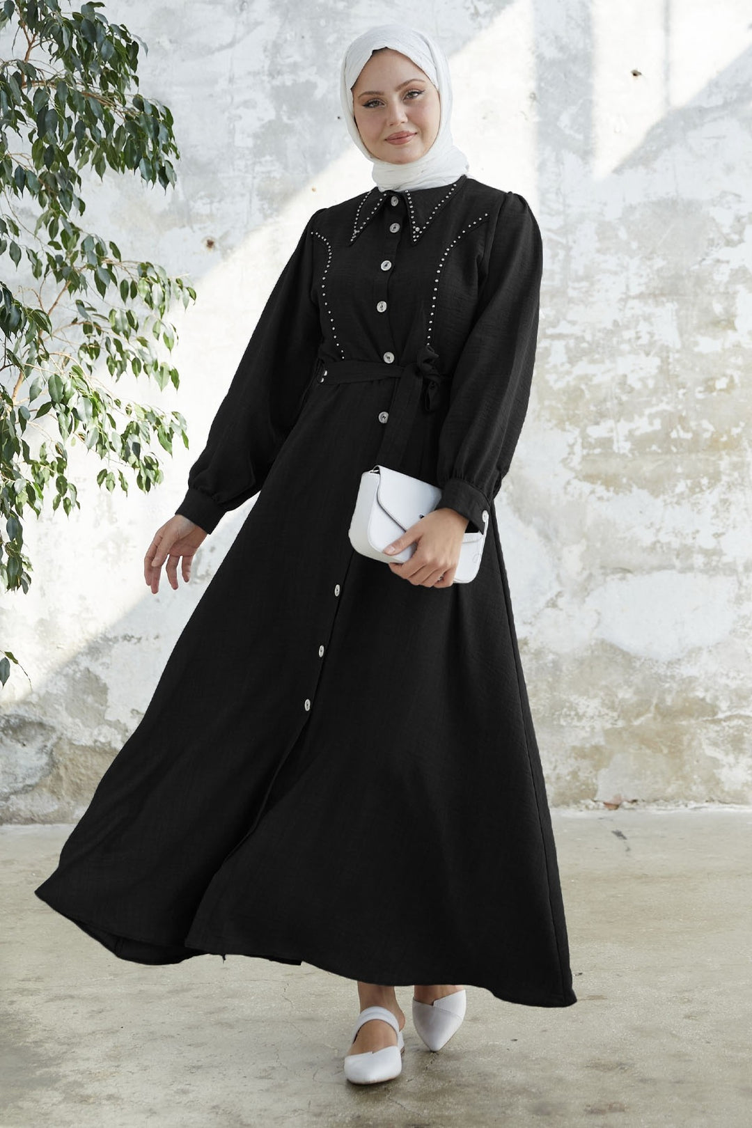 MDS Women Beaded Buttoned Linen Dress - Black - Lloret de Mar