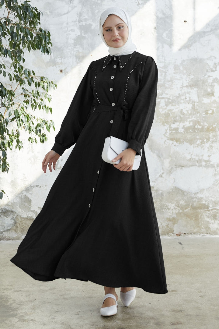 MDS Women Beaded Buttoned Linen Dress - Black - Lloret de Mar