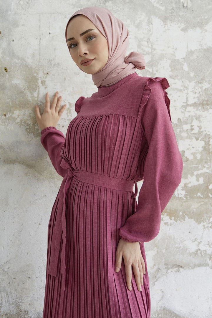 MDS Women Ruffle Trim Linen Dress with Puff Sleeves - Fuchsia - Irvine