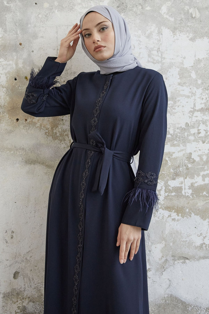 MDS Women Sleeve Tip Feather Detail Stoned Abaya - Navy Blue - Massy