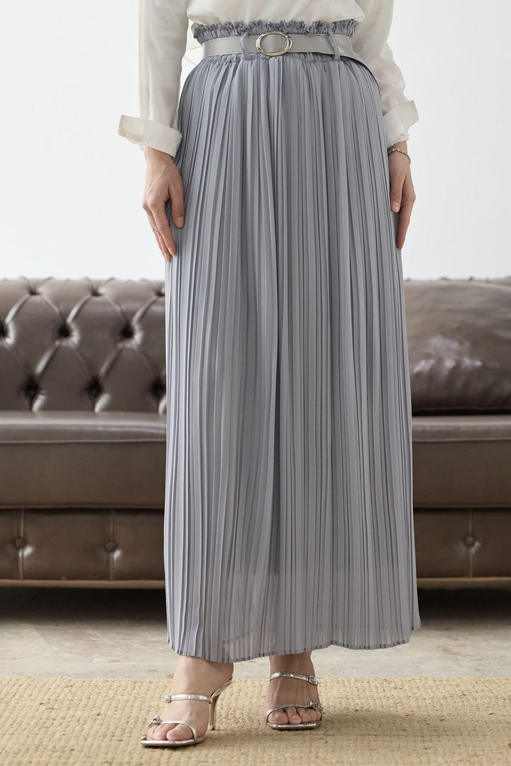 MDS Women Ruched Waist Chiffon Skirt with Belt - Grey - Vendrell