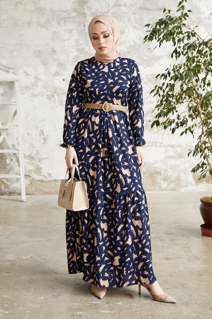 MDS Women Rena Straw Belted Patterned Dress - Navy Blue - Pombal