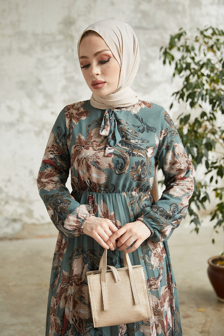MDS Women Serena Flower Pattern Pleated Chiffon Dress - Petrol Green - Veenendaal