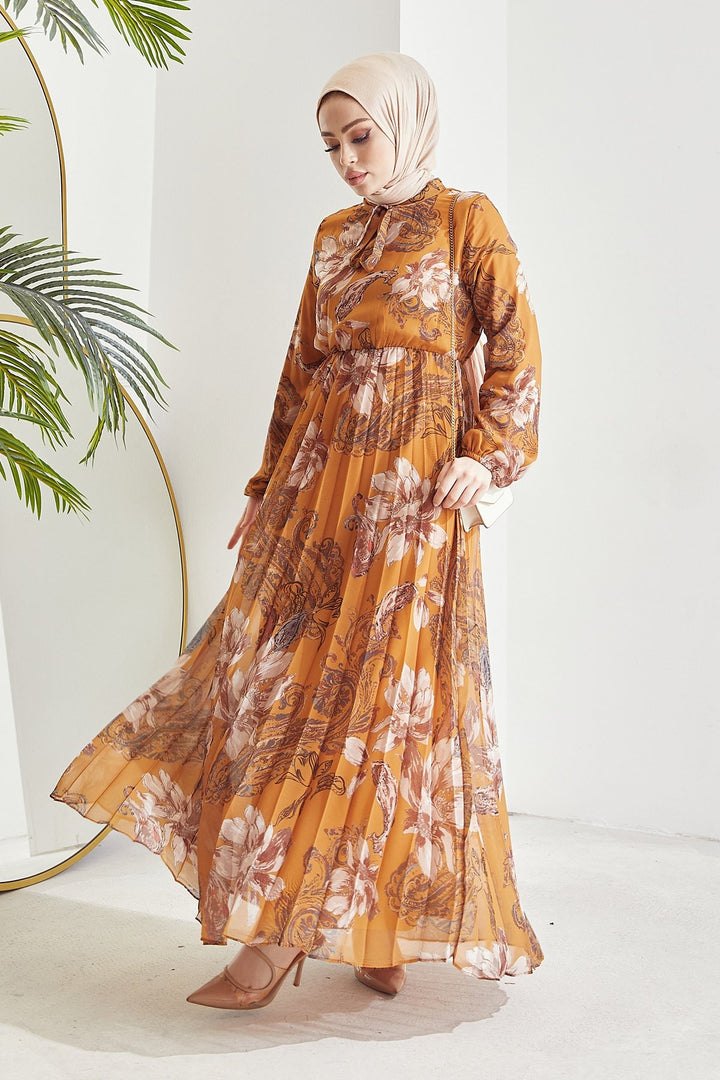 MDS Women Serena Flower Pattern Pleated Chiffon Dress - Mustard - Panama City