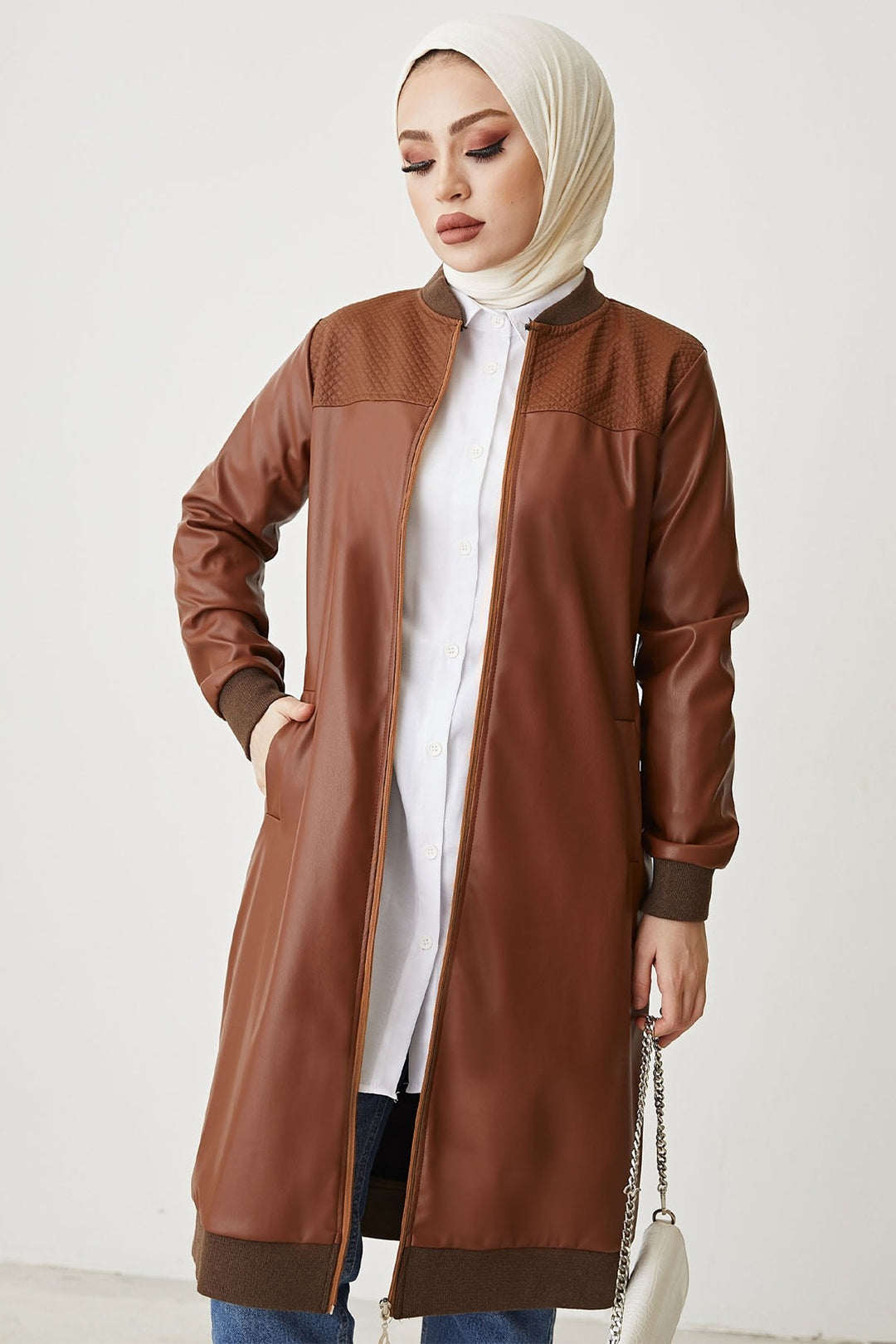 MDS Women Ribbed Zip Leather Jacket - Brown - Monza