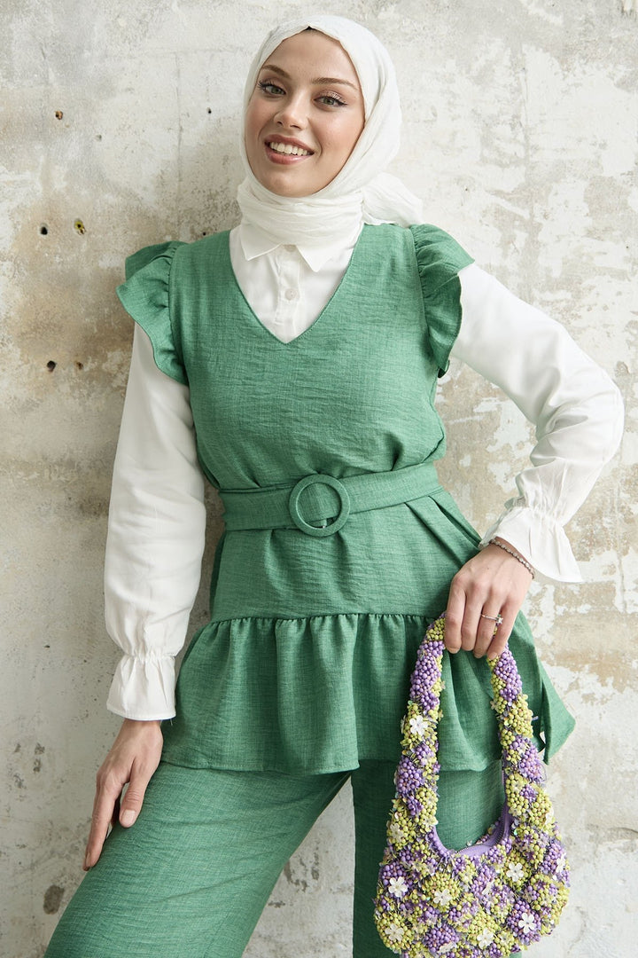 MDS Women Ruffled Shoulder Three Piece Set - Green - Lagkadás