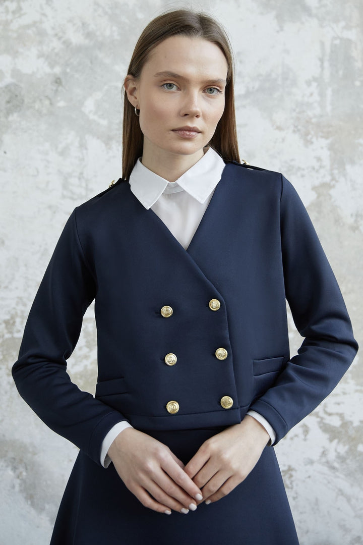 MDS Women Skirted Buttoned Jacket Scuba Suit - Navy - San Rafael