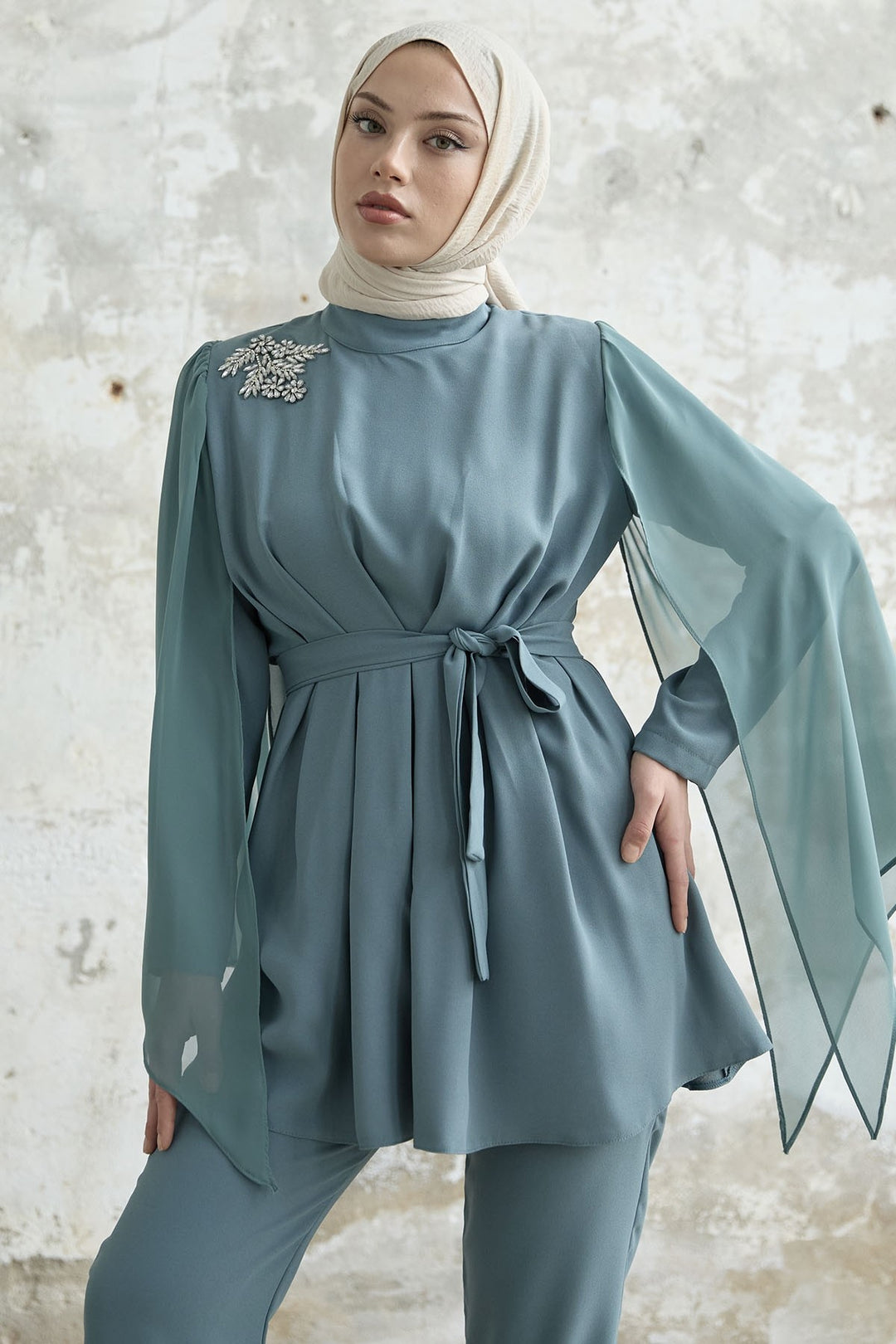 MDS Women Stone-Accented Tulle Crepe Set - Mint - Westfield