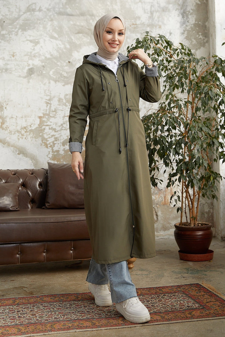 MDS Women Checked Striped Pattern Long Trench Coat - Khaki - Newnan