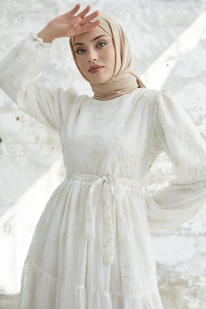 MDS Women Chiffon Dress with Flower Pattern Embroidery - White - Coevorden