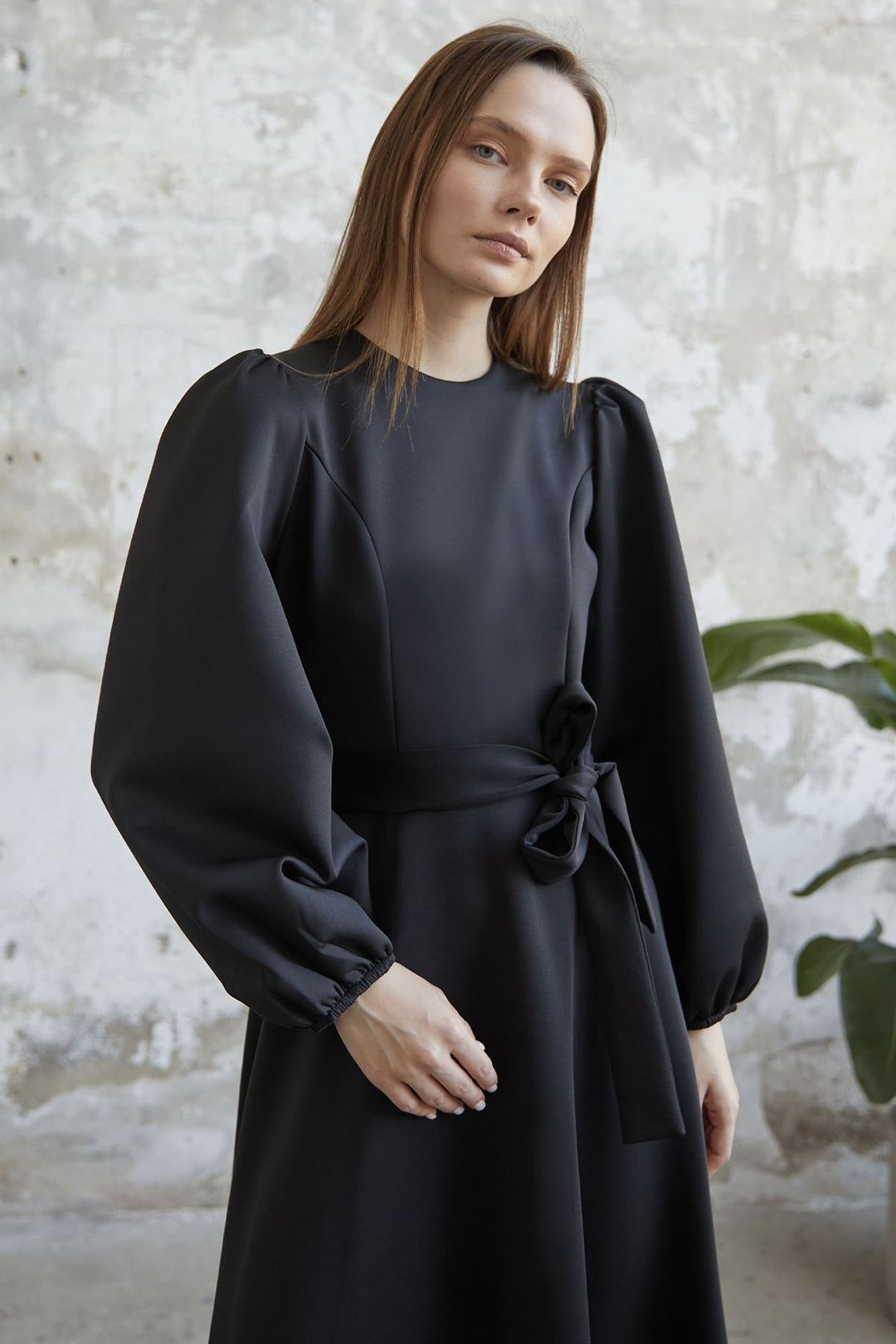 MDS Women Balloon Sleeve Belted Scuba Dress - Black - Moortebeek