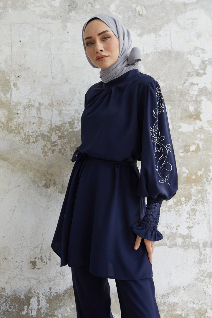 MDS Women Stone Detailed Balloon Sleeve Satin Set - Navy Blue - Wheaton