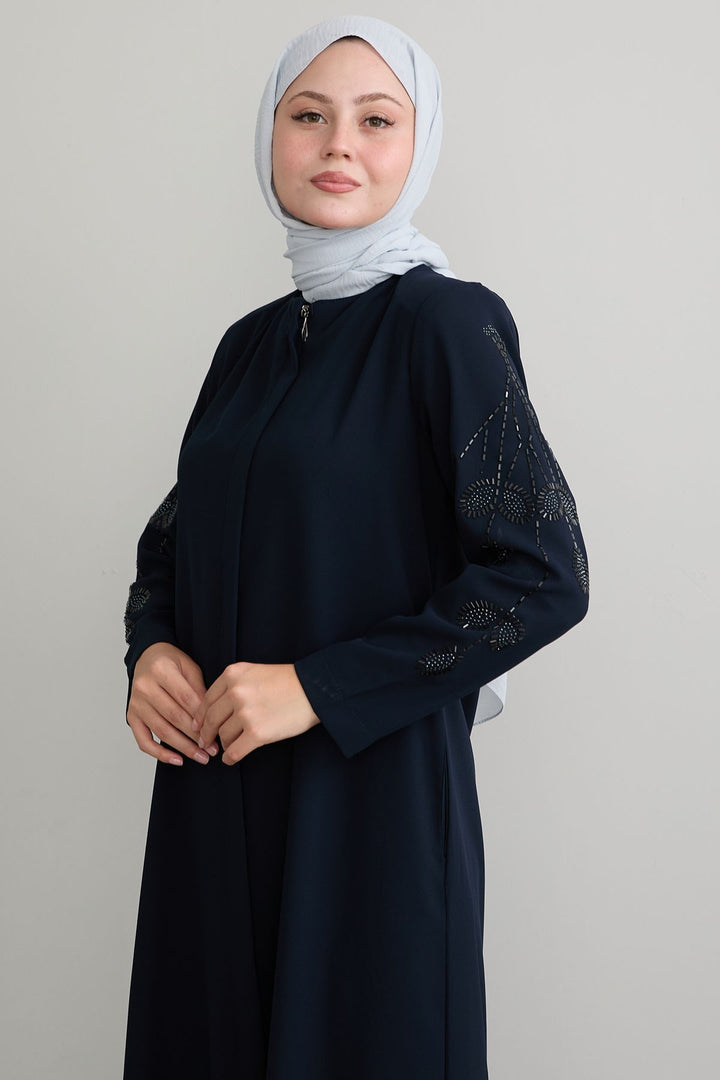 MDS Women Navy Blue Abaya with Leaf Pearl Sleeves - Huntersville