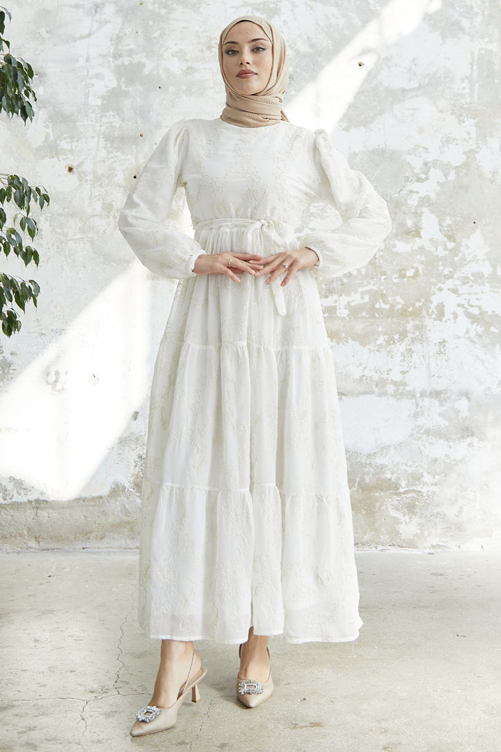 MDS Women Chiffon Dress with Flower Pattern Embroidery - White - Coevorden