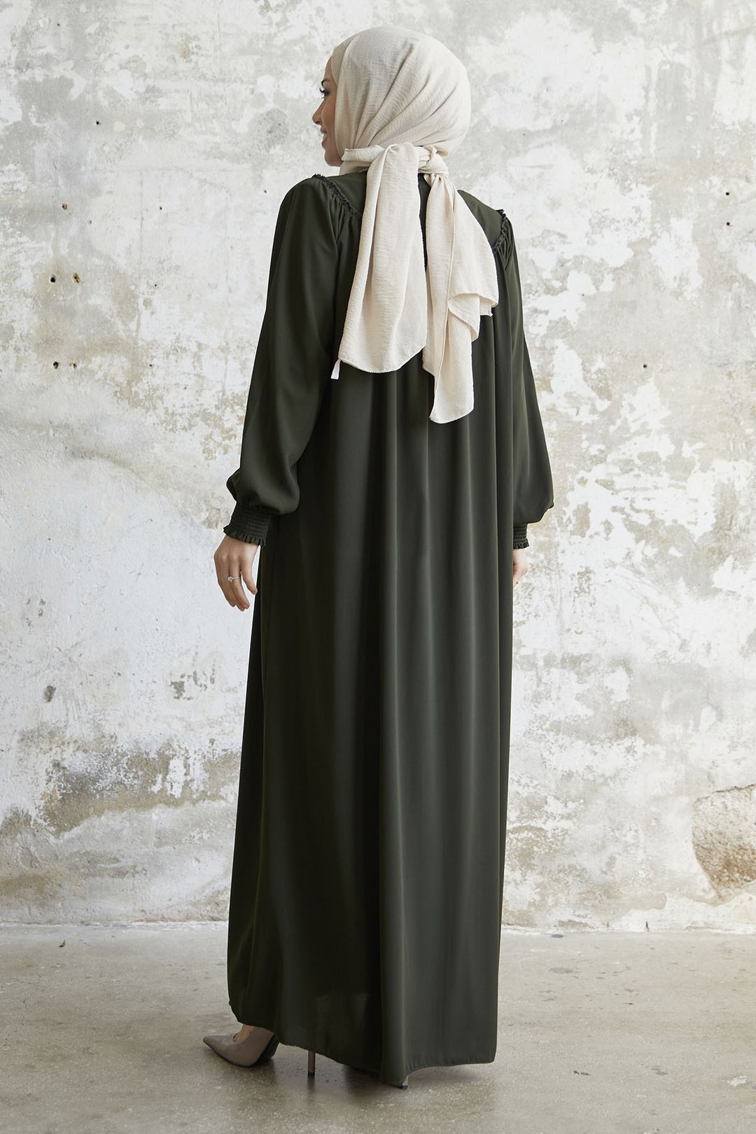 MDS Women Sleeve Tip Ruffled Abaya - Khaki - Ashford