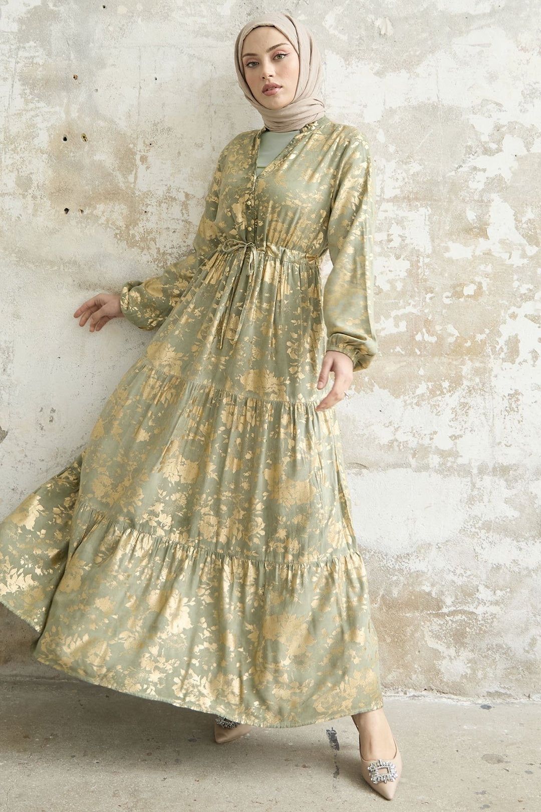 MDS Women Leaf Pattern Dress with Gold Leaf - Mint - La Rochelle