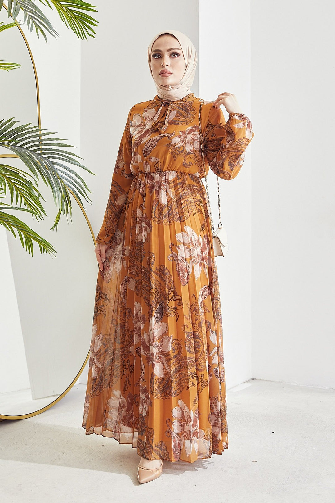 MDS Women Serena Flower Pattern Pleated Chiffon Dress - Mustard - Panama City