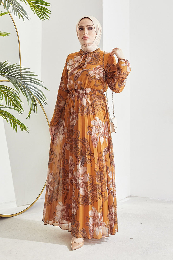 MDS Women Serena Flower Pattern Pleated Chiffon Dress - Mustard - Panama City