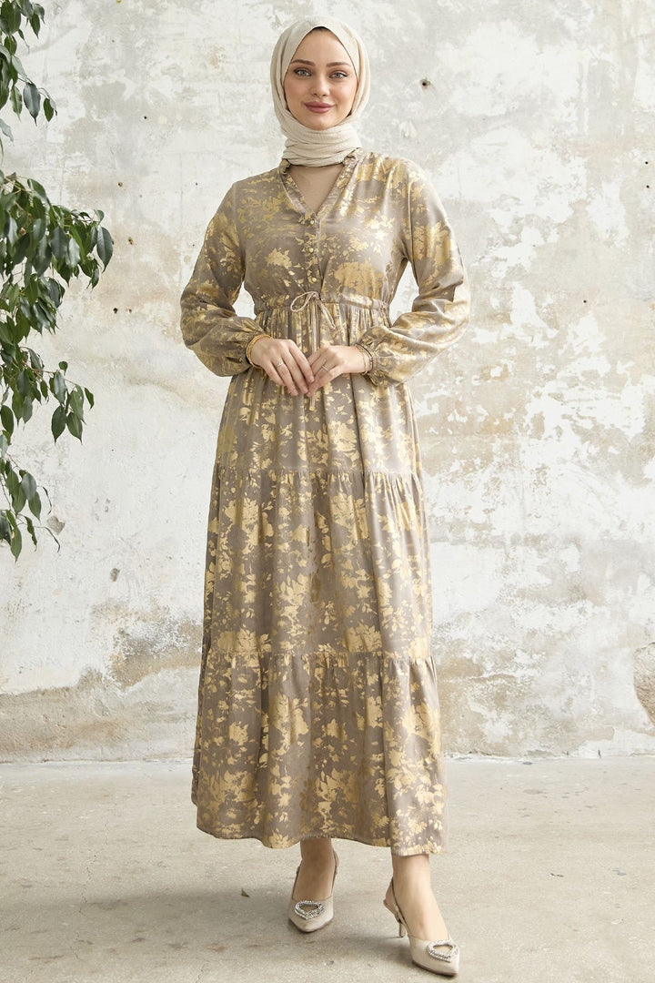 MDS Women Gold Leaf Patterned Dress - Beige - Berwyn